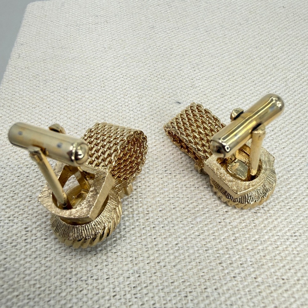 Vintage Swank Mesh Wrap Cufflinks Amber Crystal Rivoli Stone MCM Gold Tone - Picture 4 of 10